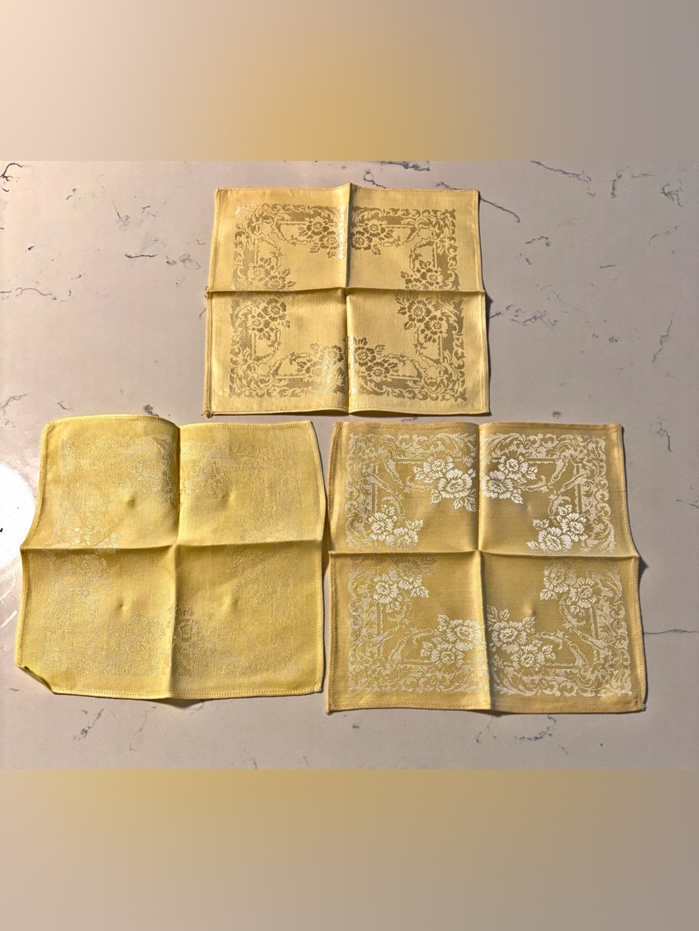 Set of Three Yellow Vintage Floral Handkerchiefs/Napkins